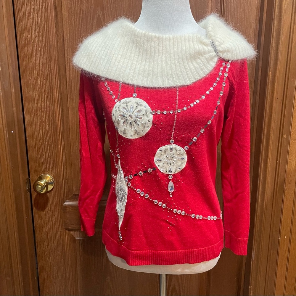 VTG Berek Red White Bling Sweater Angora Cotton Blend Ornament Small